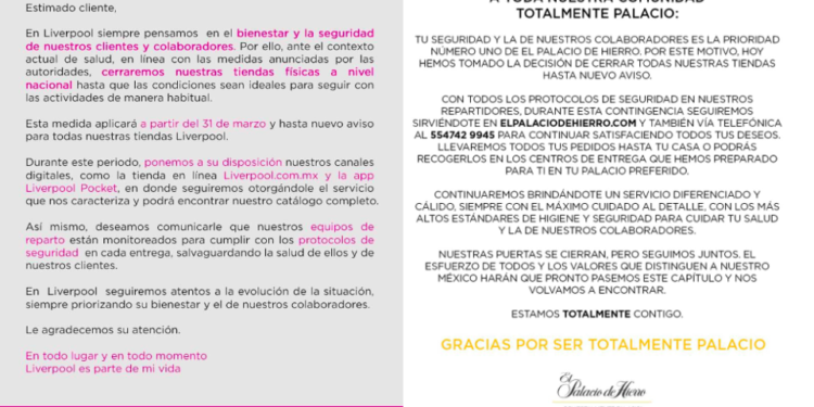 Liverpool y Palacio de Hierro anuncian cierre temporal de tiendas por Covid-19 en México