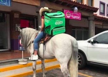 Repartidora de Uber Eats entrega pedidos a caballo en Estado de México