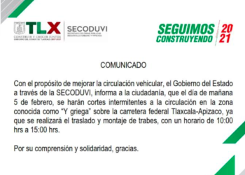 Anuncia SECODUVI cierre intermitente de la carretera Tlaxcala-Apizaco para colocar trabes en Ocotoxco