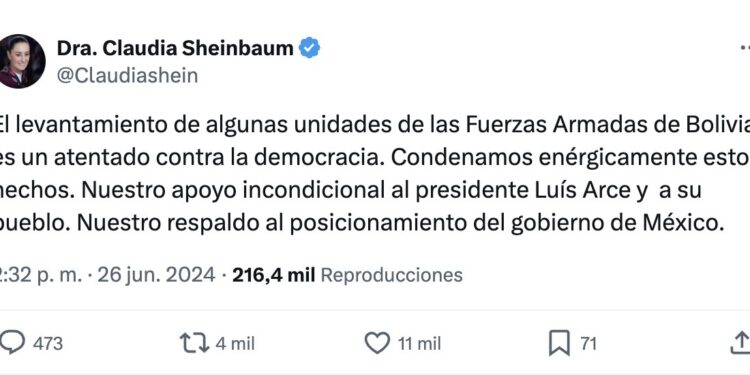 Claudia Sheinbaum condena levantamiento del ejército boliviano